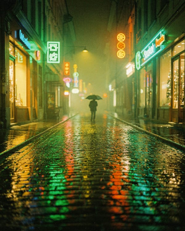 Calle europea de noche con lluvia