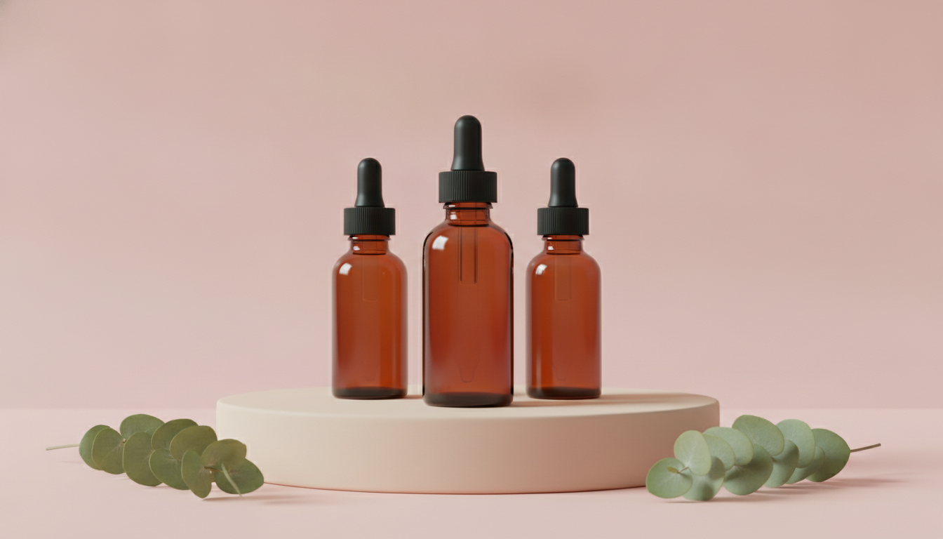 Boutique en ligne de cosmétiques : flacons de sérum photographiés sur un fond pastel avec des feuilles vertes