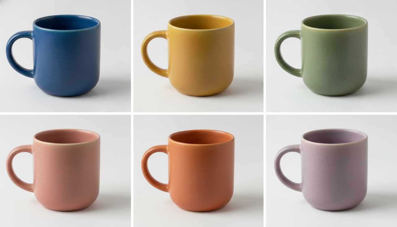 Grille de photos produit carrées et homogènes montrant des tasses en céramique colorées sur fond blanc