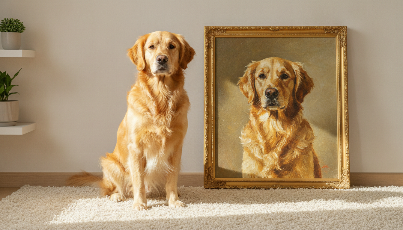 Golden Retriever sitzt vor einer neutralen Wand, daneben steht ein gerahmtes, gemaltes Porträt desselben Hundes