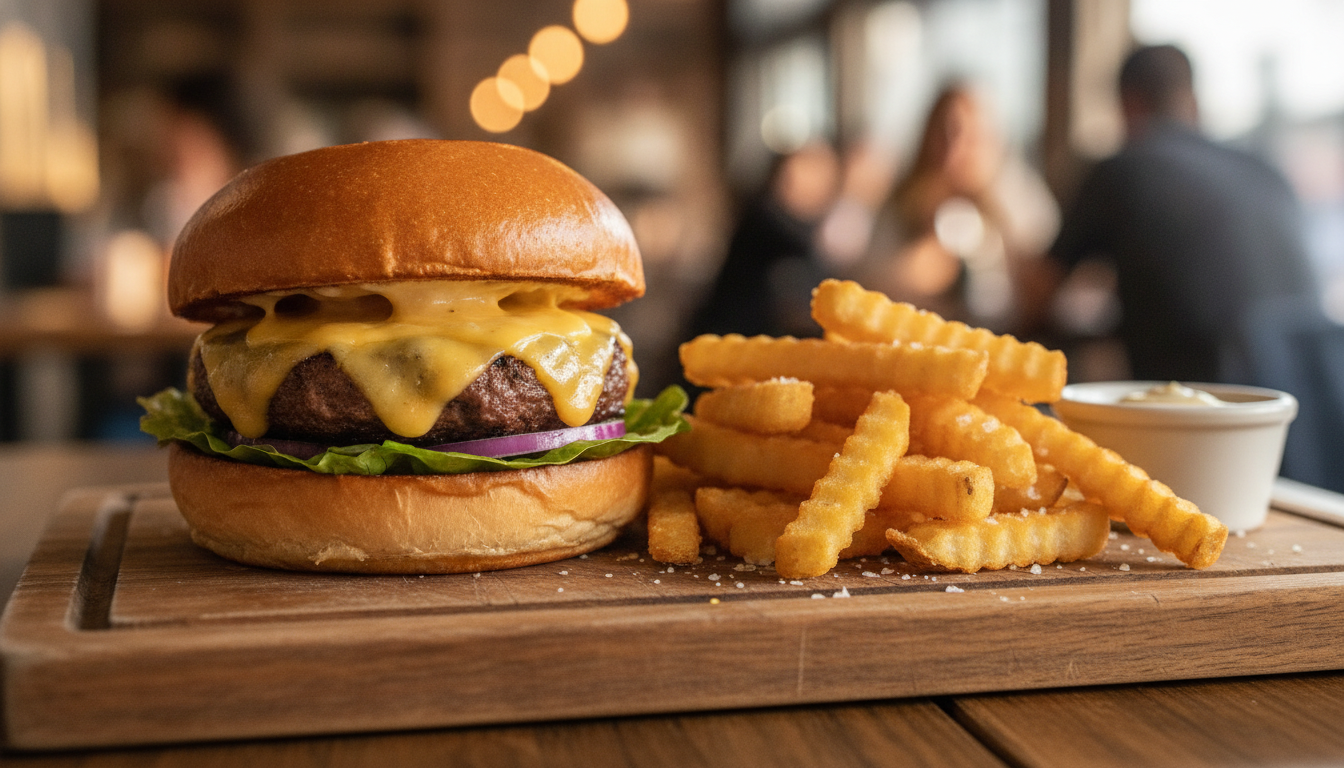 Gourmet-Burger mit Pommes auf einem Holzbrett in warmem Licht