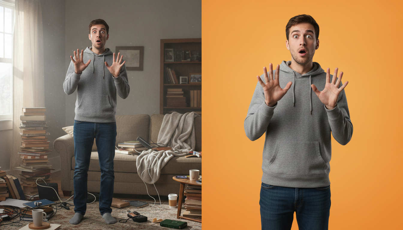 Avant/après d'un portrait détouré, à gauche dans un salon, à droite sur un fond orange vif