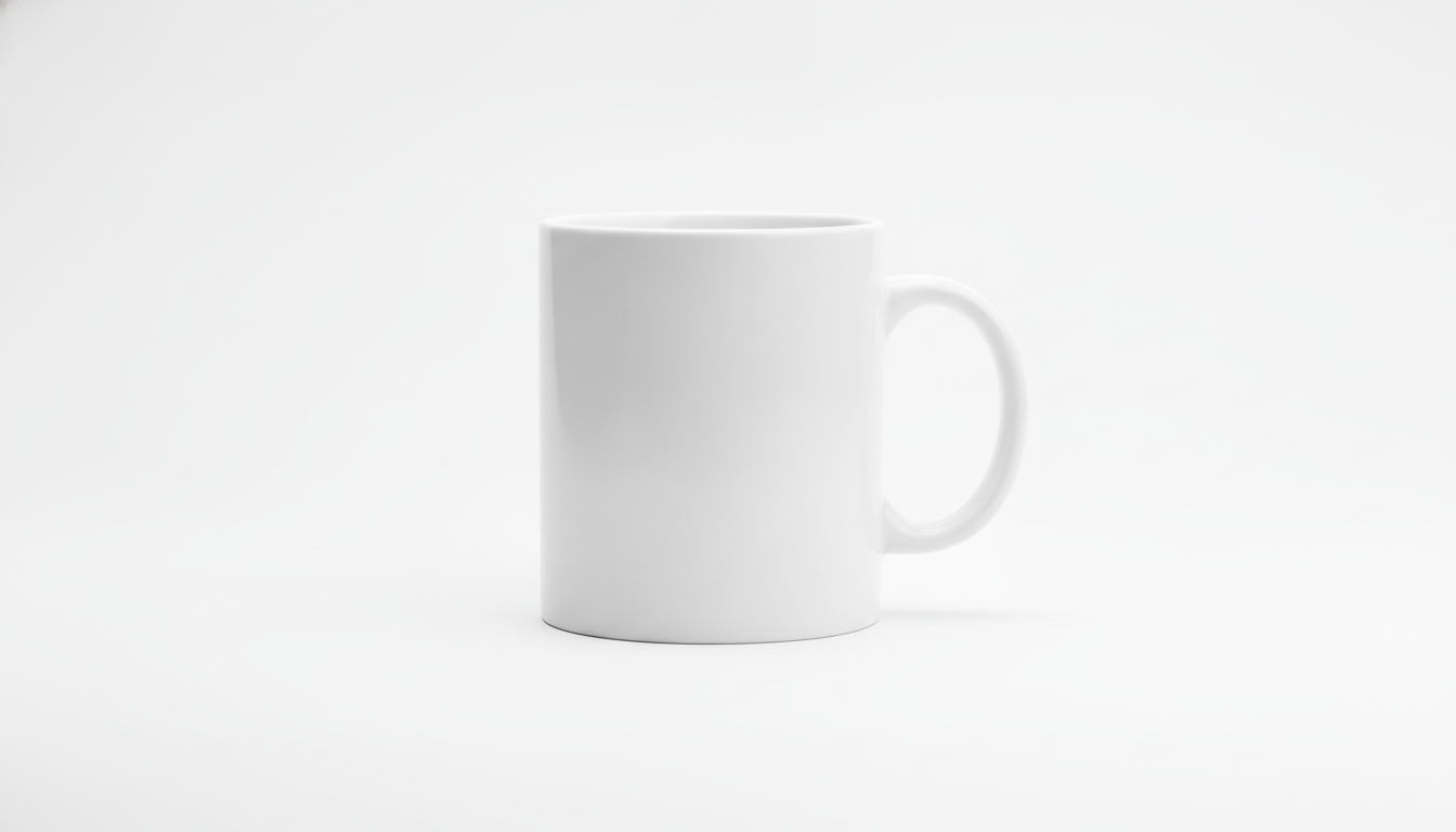Taza de cerámica blanca sobre fondo blanco con sombra suave