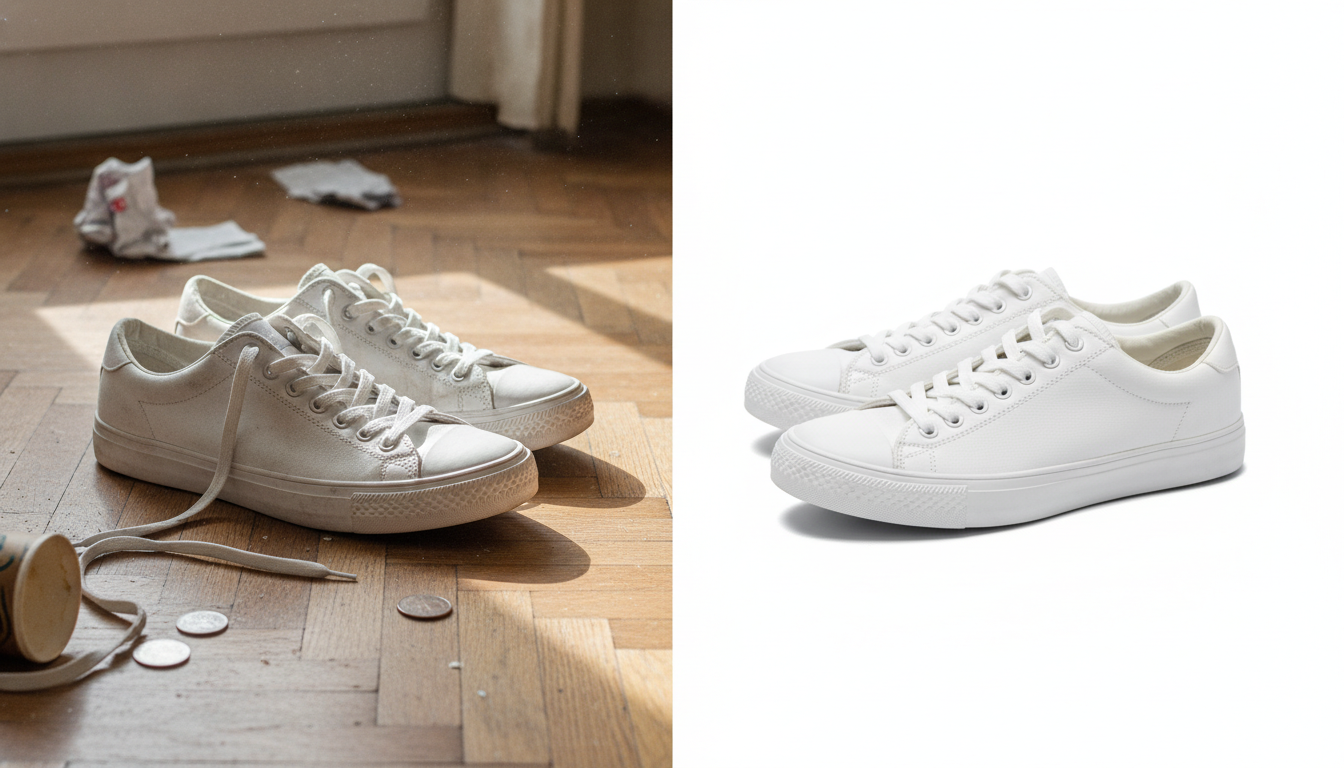 Avant-après d'une paire de baskets photographiée sur un parquet puis détourée sur fond blanc