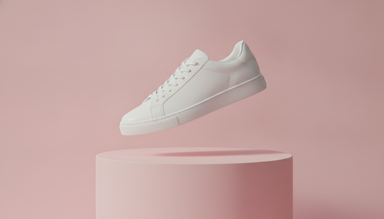 Zapatilla blanca flotando sobre un pedestal rosa pastel con fondo del mismo color