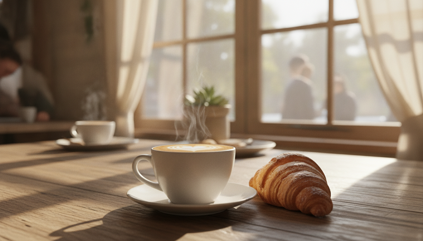 Cappuccino mit Latte Art und Croissant auf einem Holztisch im warmen Morgenlicht eines Cafés