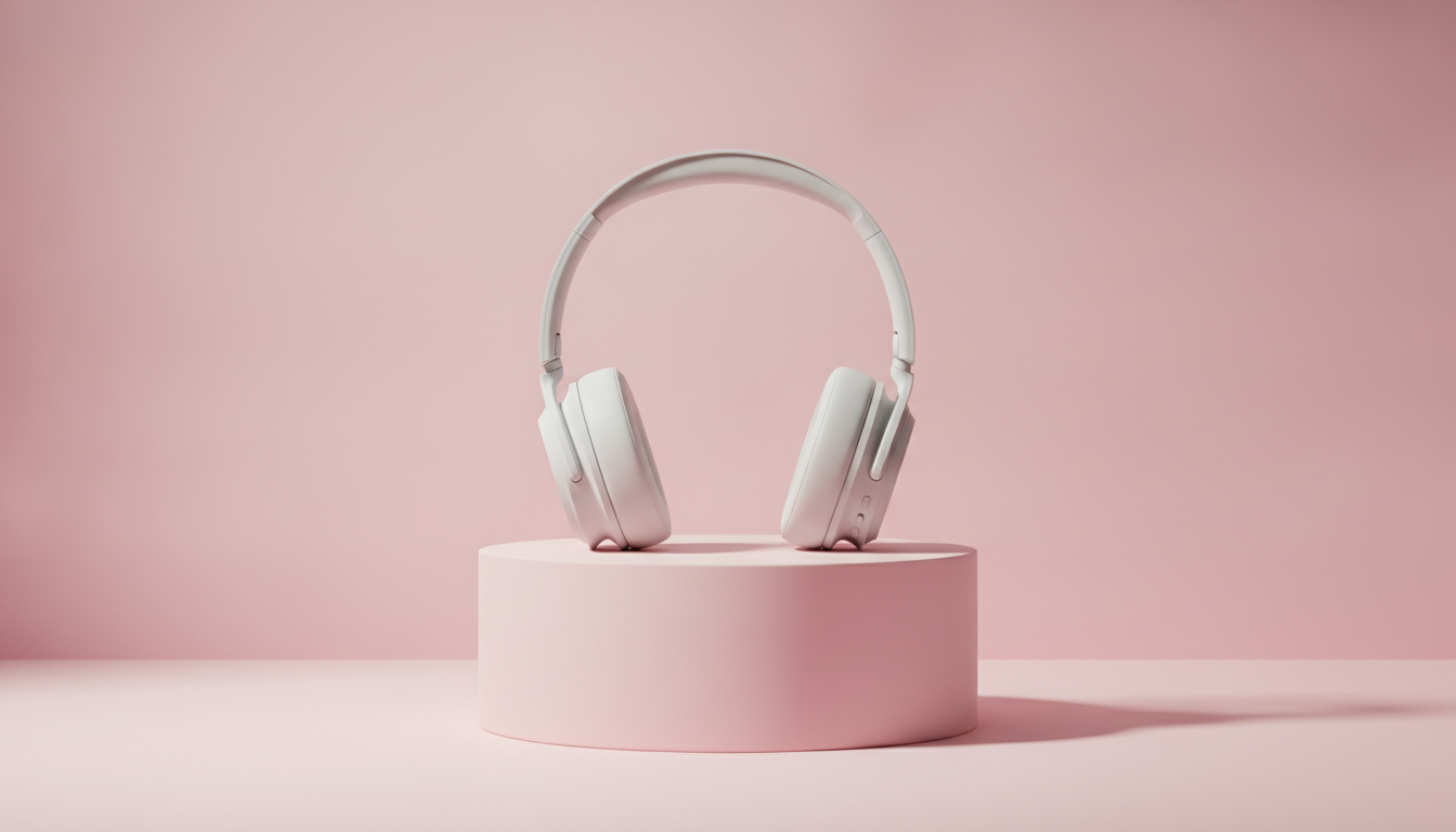 Casque blanc posé sur un socle rose pastel devant un fond de la même couleur