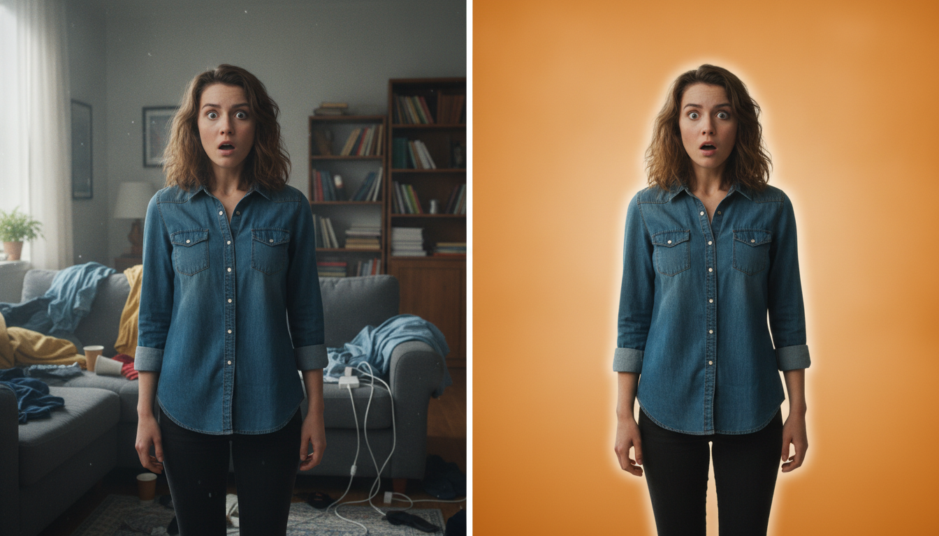 Vorher-Nachher-Vergleich einer Person, links vor einem unruhigen Wohnzimmer, rechts freigestellt vor leuchtend orangem Hintergrund
