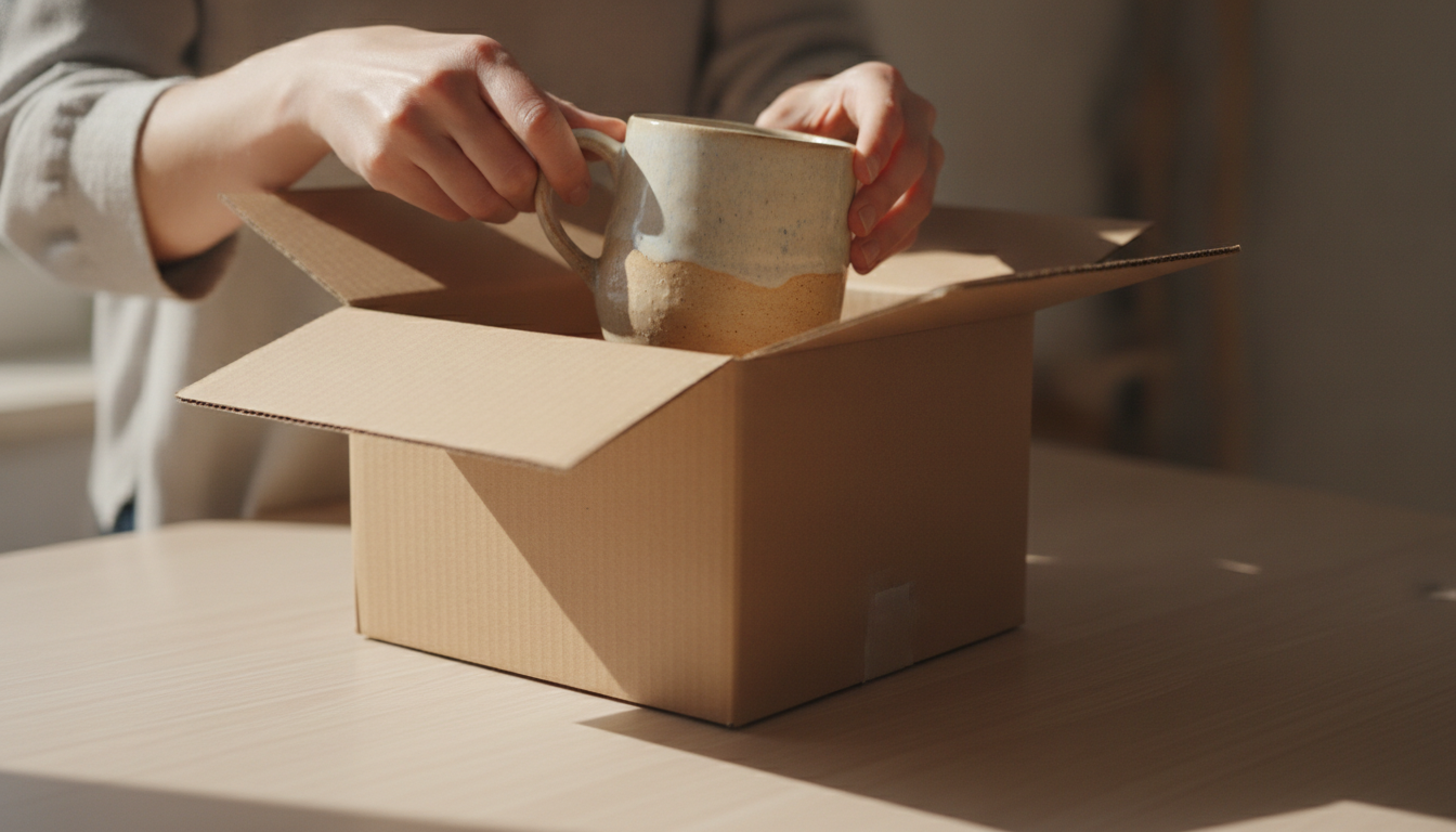 Eine Frau packt auf dem Küchentisch einen Karton mit einer Keramiktasse aus