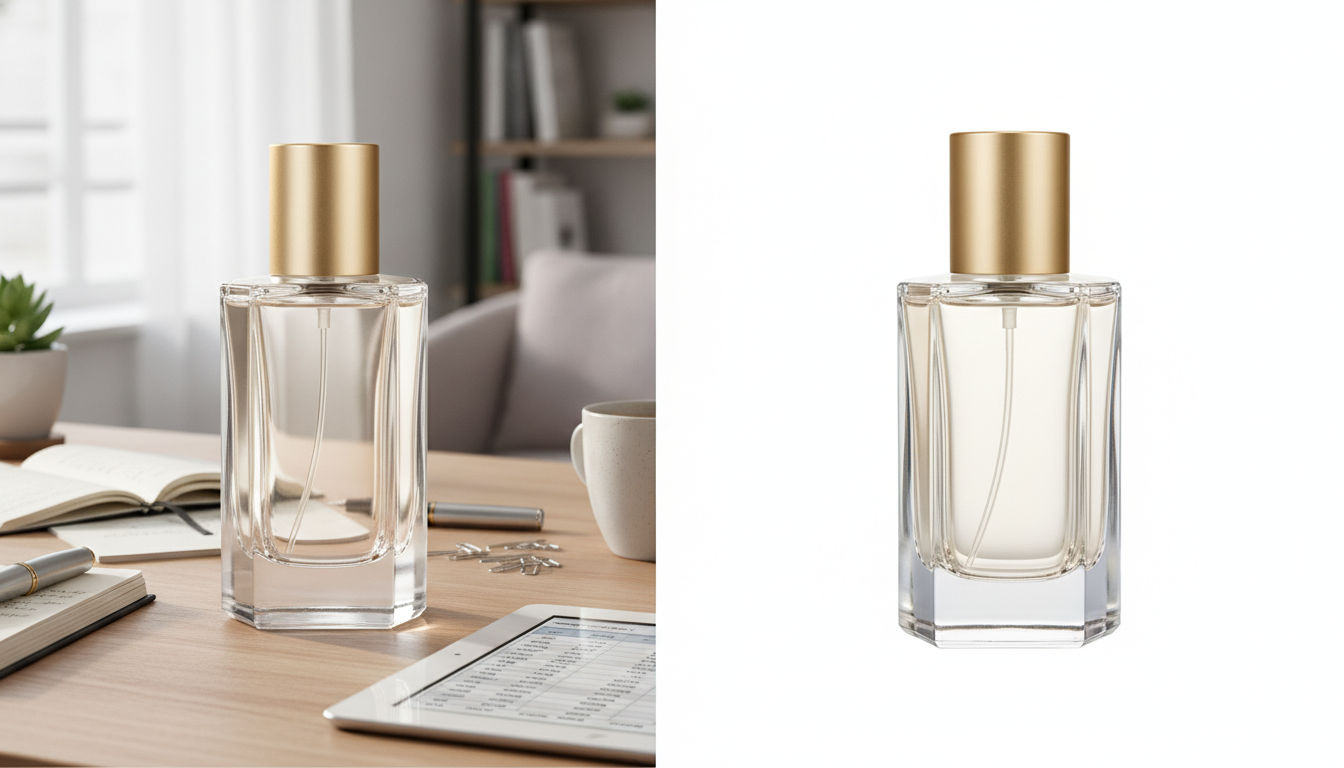 Vorher-nachher-Vergleich einer Parfümflasche, links auf unruhigem Tisch, rechts freigestellt auf Weiß