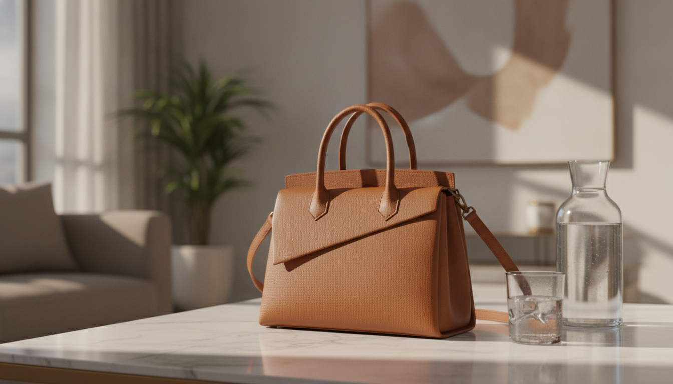 Sac à main en cuir camel mis en scène sur une table en marbre, généré par IA