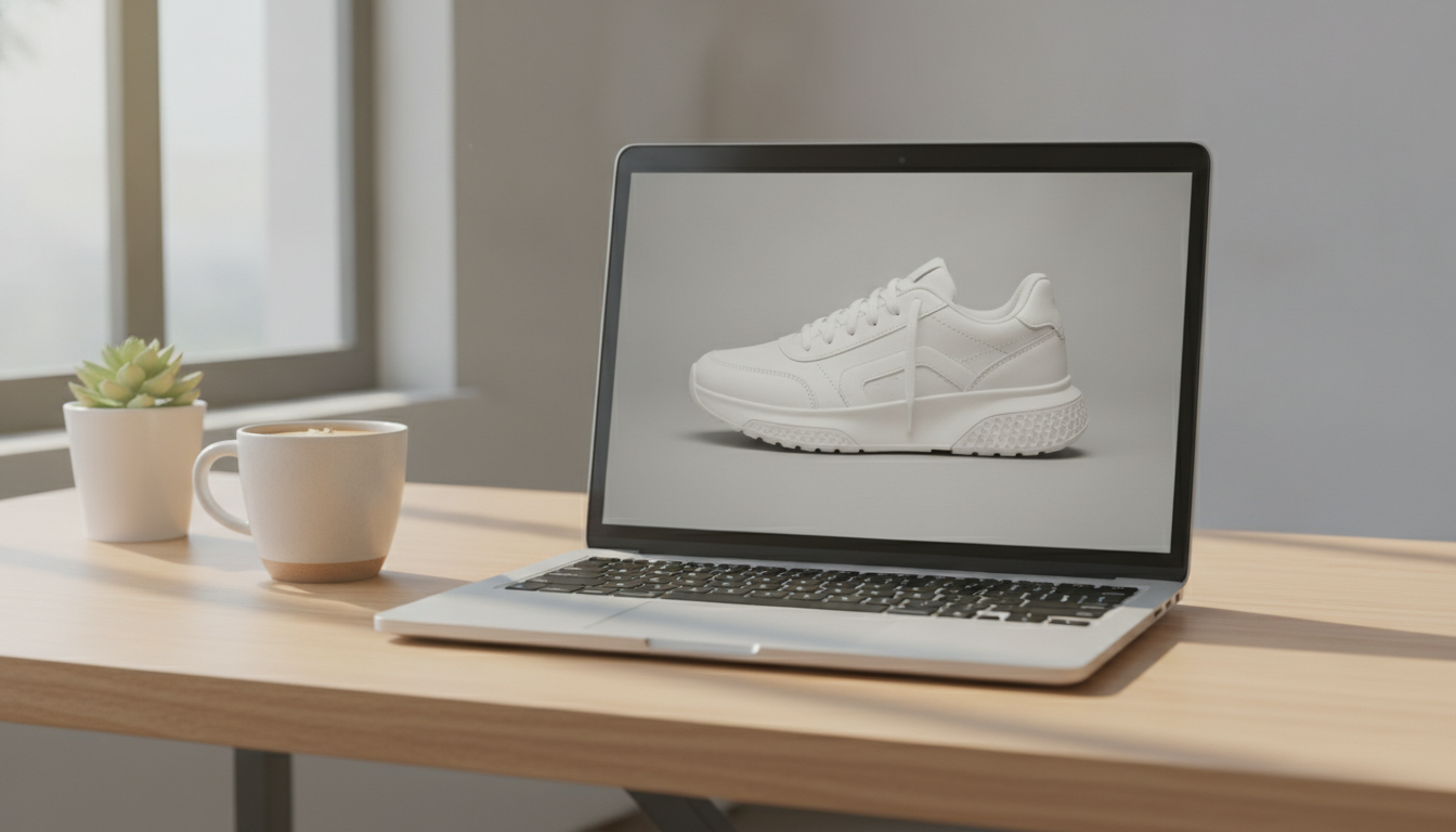 Laptop on a wooden desk displaying a photo of a white sneaker
