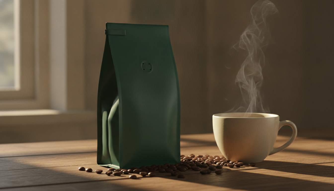 Matter Kaffeebeutel mit Ventil auf einem Holztisch, daneben verstreute Kaffeebohnen und eine dampfende Tasse