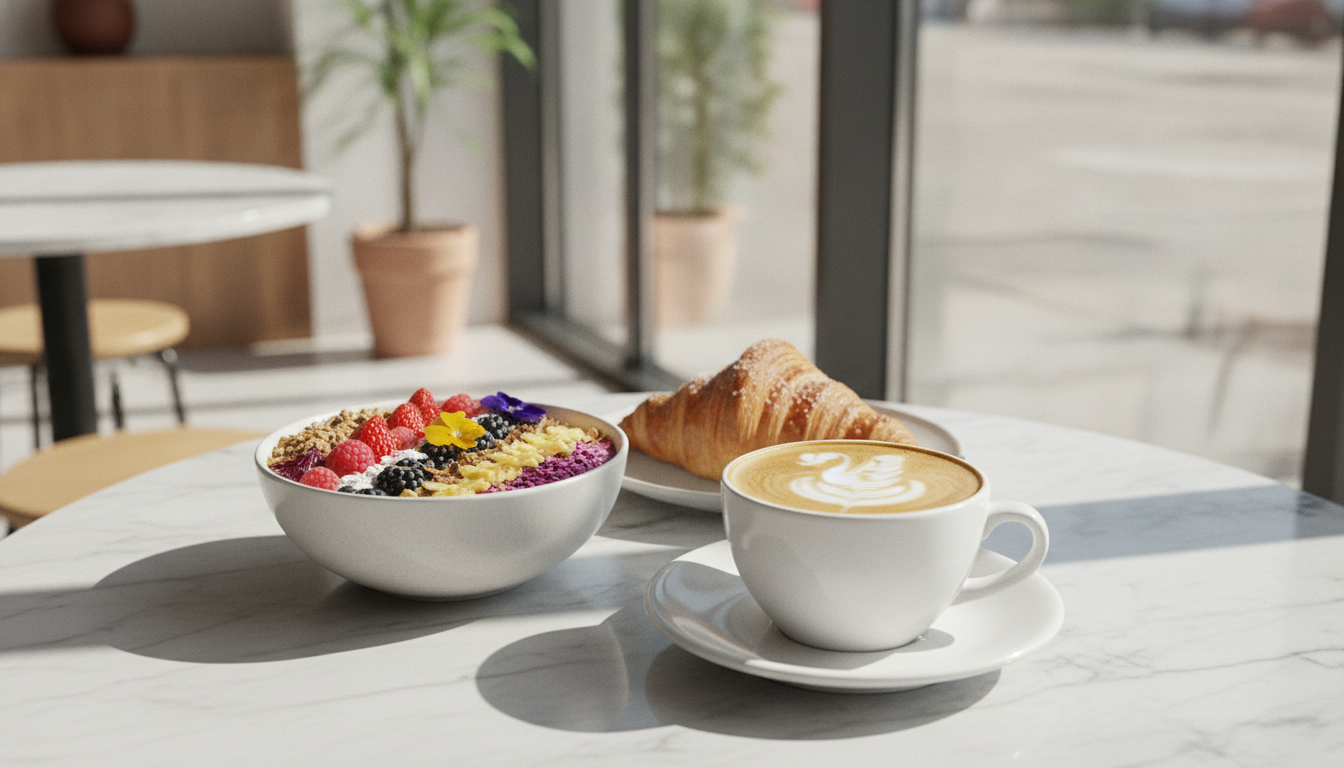 Table de brunch lumineuse avec smoothie bowl, cappuccino et croissant