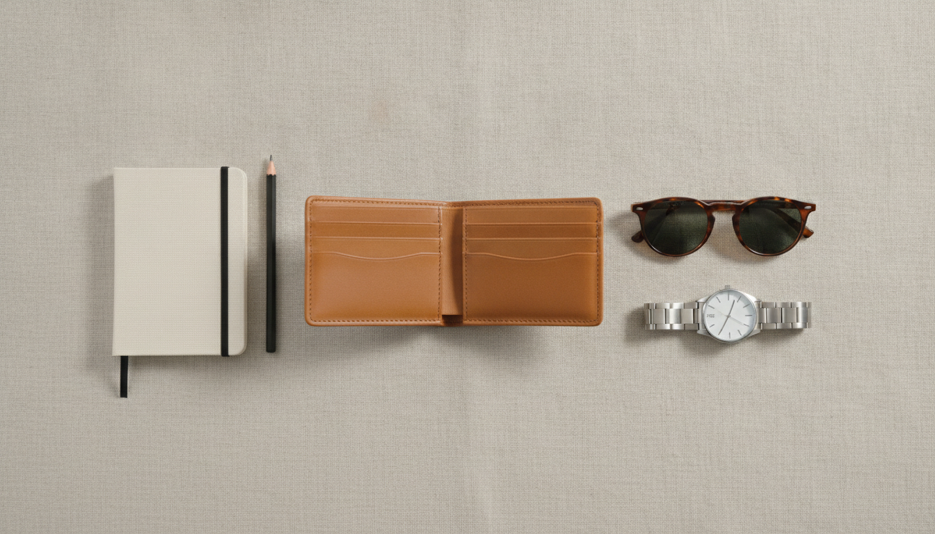 Leather wallet, tortoiseshell sunglasses, silver watch and notebook on beige linen seen from above