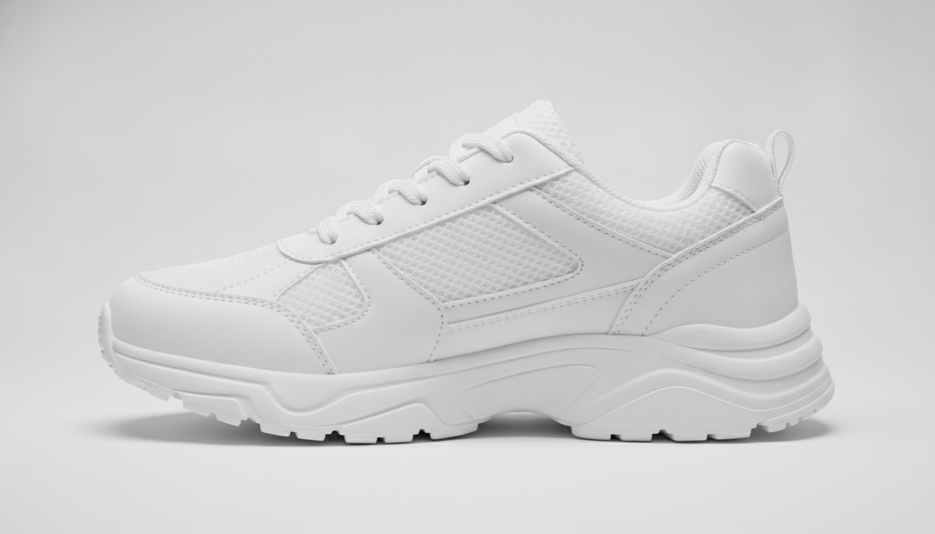 Fotografía de producto de una zapatilla blanca sobre fondo gris claro con iluminación de estudio