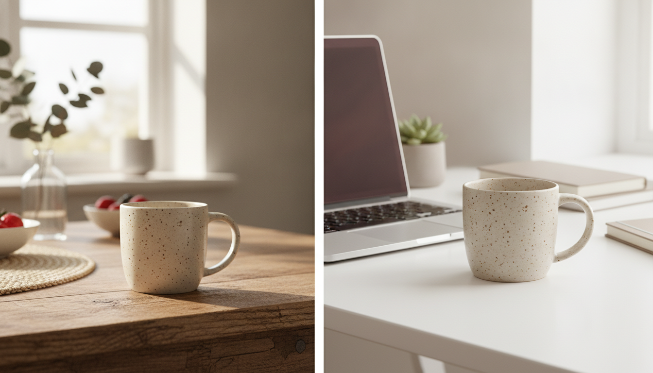 The same ceramic mug photographed in a Nordic kitchen and on an office desk