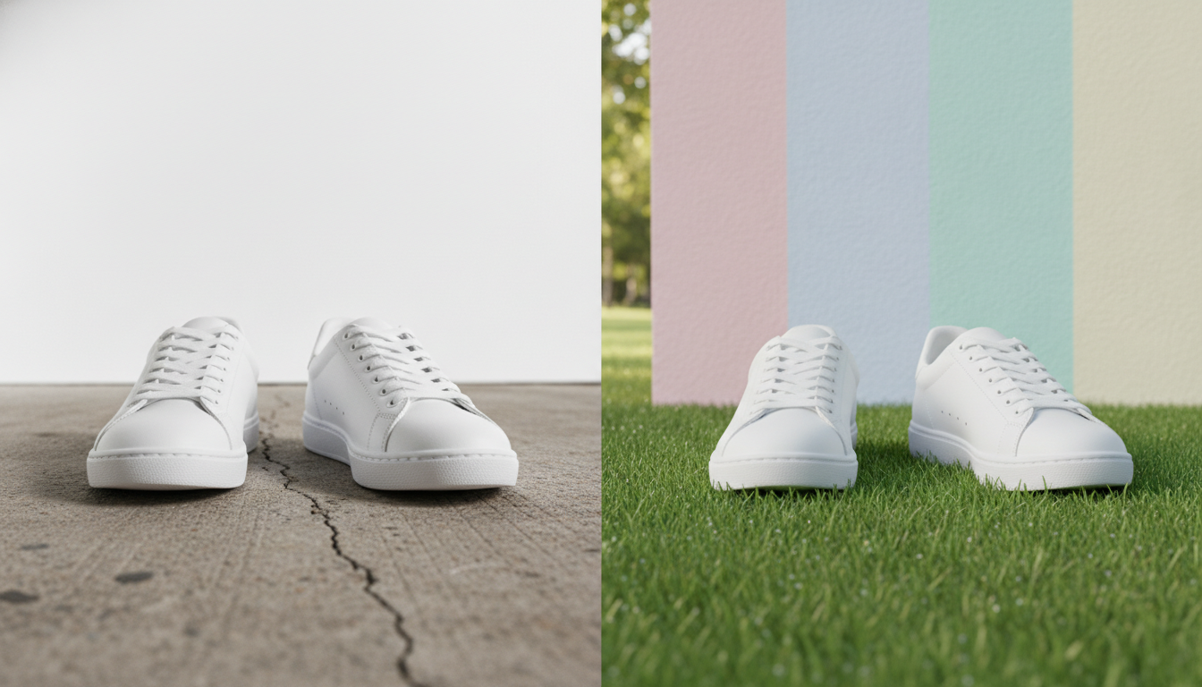 Mehrere Varianten desselben Sneakers vor unterschiedlichen Hintergründen nebeneinander angeordnet