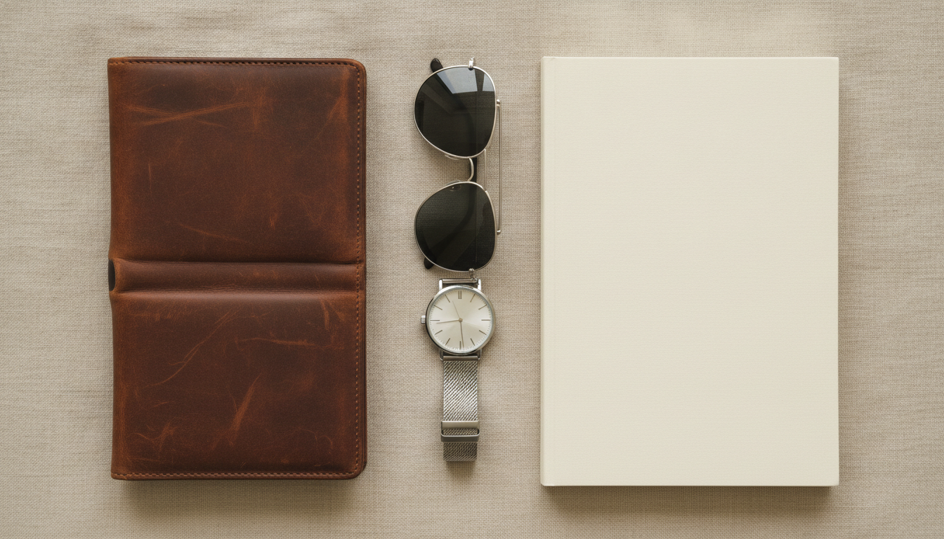 Cartera de piel, gafas de sol, reloj y libreta vistos desde arriba sobre lino beige