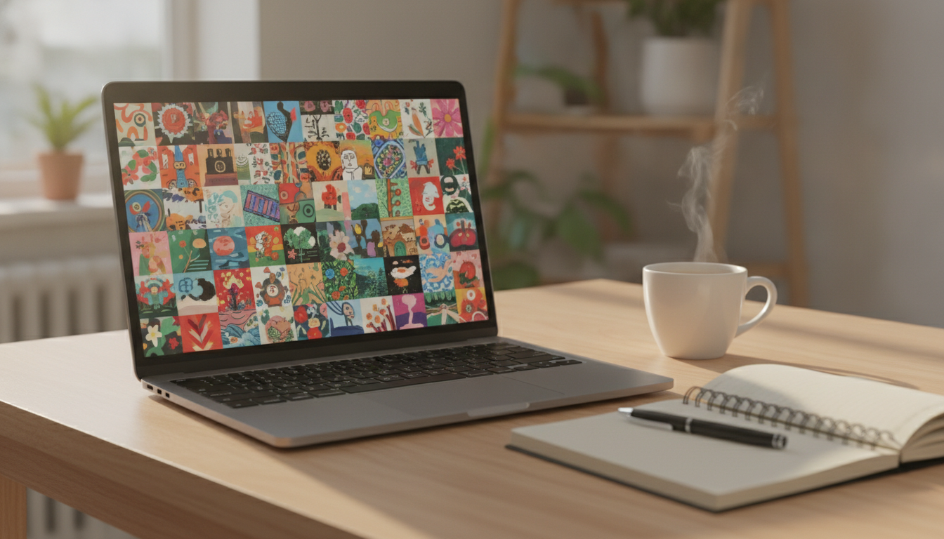 Ordinateur portable sur un bureau en bois affichant une galerie d'images générées, à côté d'une tasse de café et d'un carnet