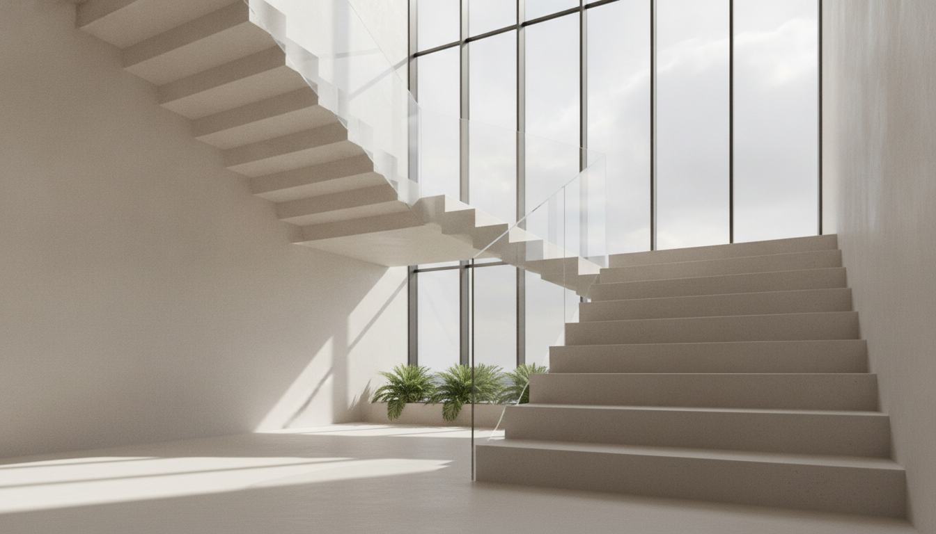 Escalier moderne en béton qui monte vers une verrière lumineuse, symbole de croissance
