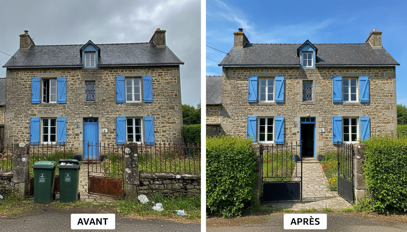Façade d'une maison en pierre sous un ciel gris, puis la même façade sous un ciel bleu sans les poubelles devant l'entrée