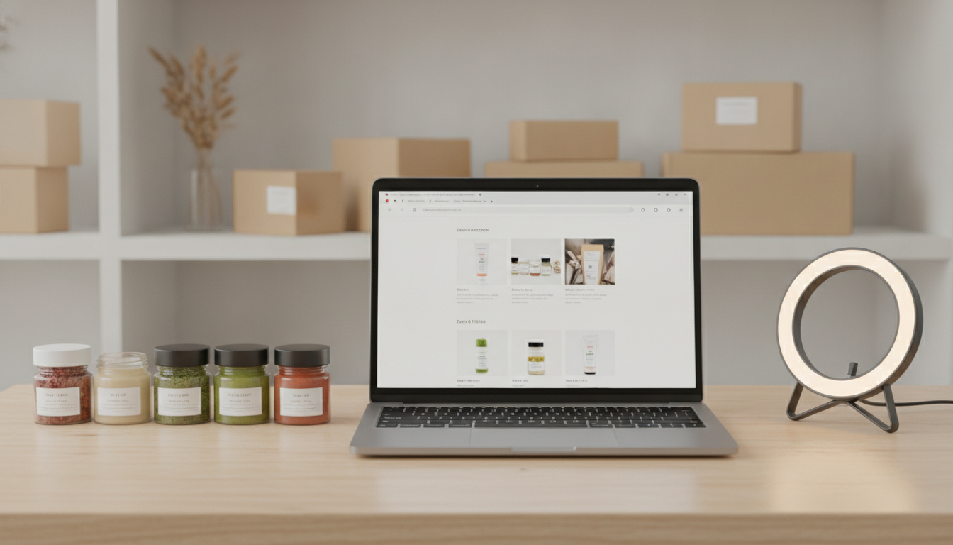 Ordinateur portable sur un bureau à côté de produits cosmétiques en cours de photographie
