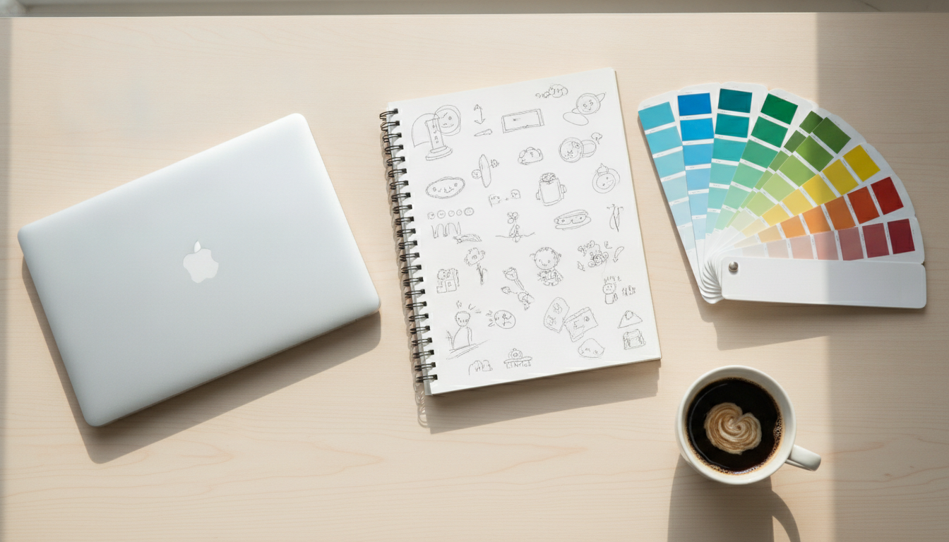 Bureau avec un ordinateur portable, un carnet de croquis et des échantillons de couleurs