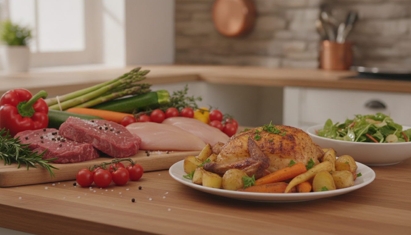 Ingrédients frais disposés sur un plan de travail à côté du plat final