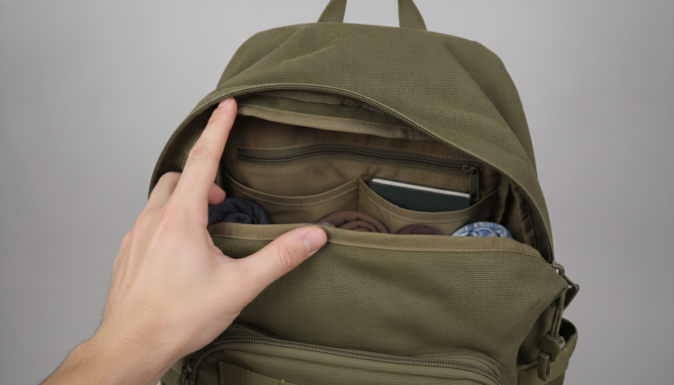 Hand holding an open canvas backpack showing its inside compartments against a neutral background