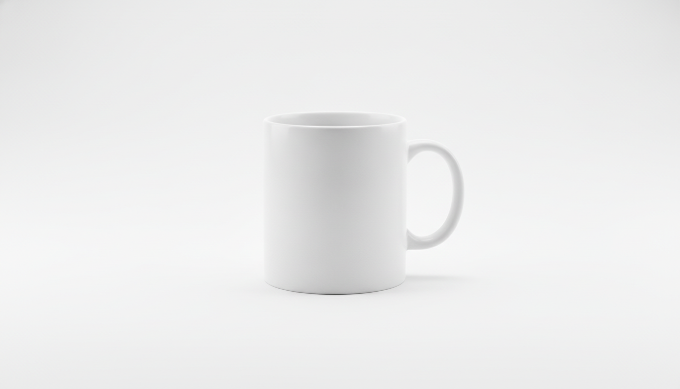 Caneca de cerâmica branca fosca sobre fundo branco com luz de estúdio suave