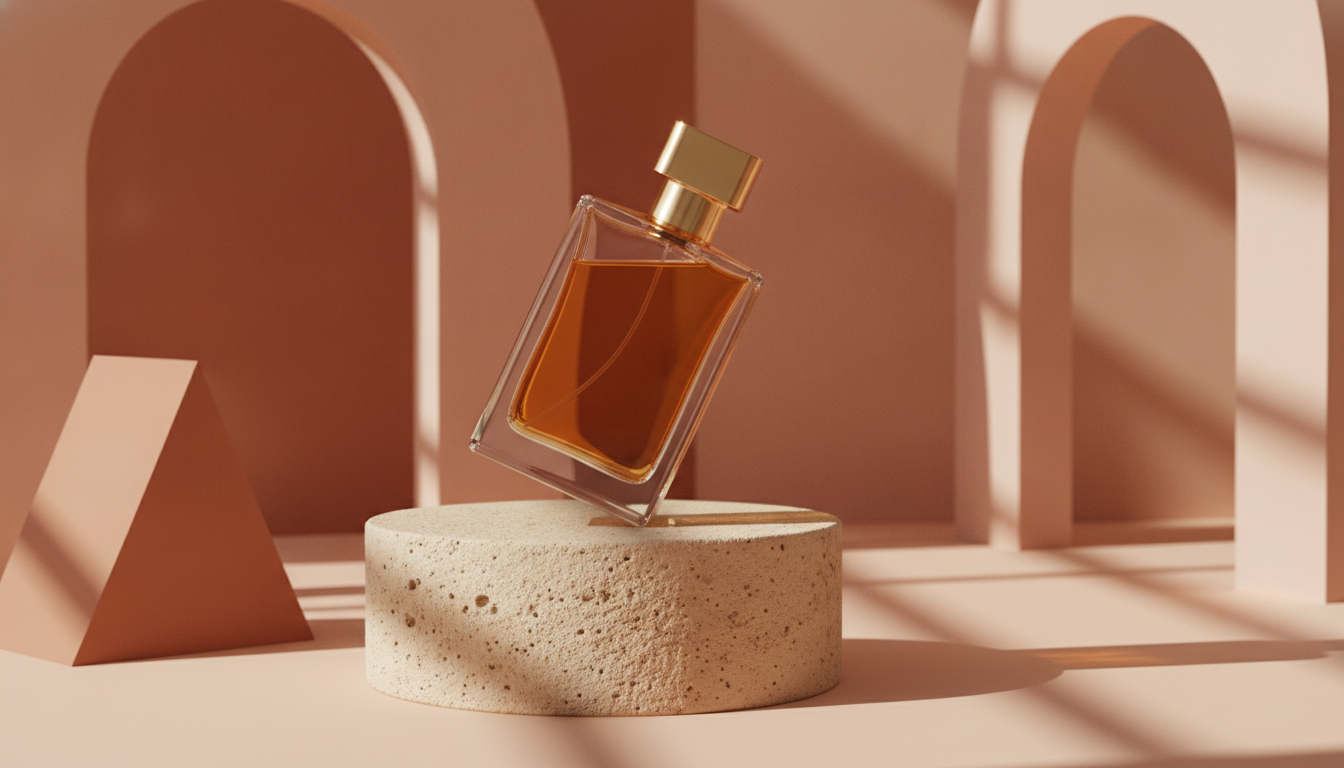 Amber perfume bottle with a gold cap on a beige stone pedestal with long shadows