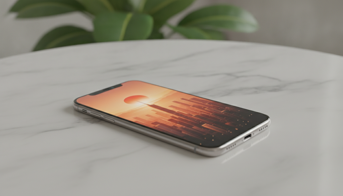 Smartphone posé sur une table affichant une illustration colorée d'une ville au coucher du soleil