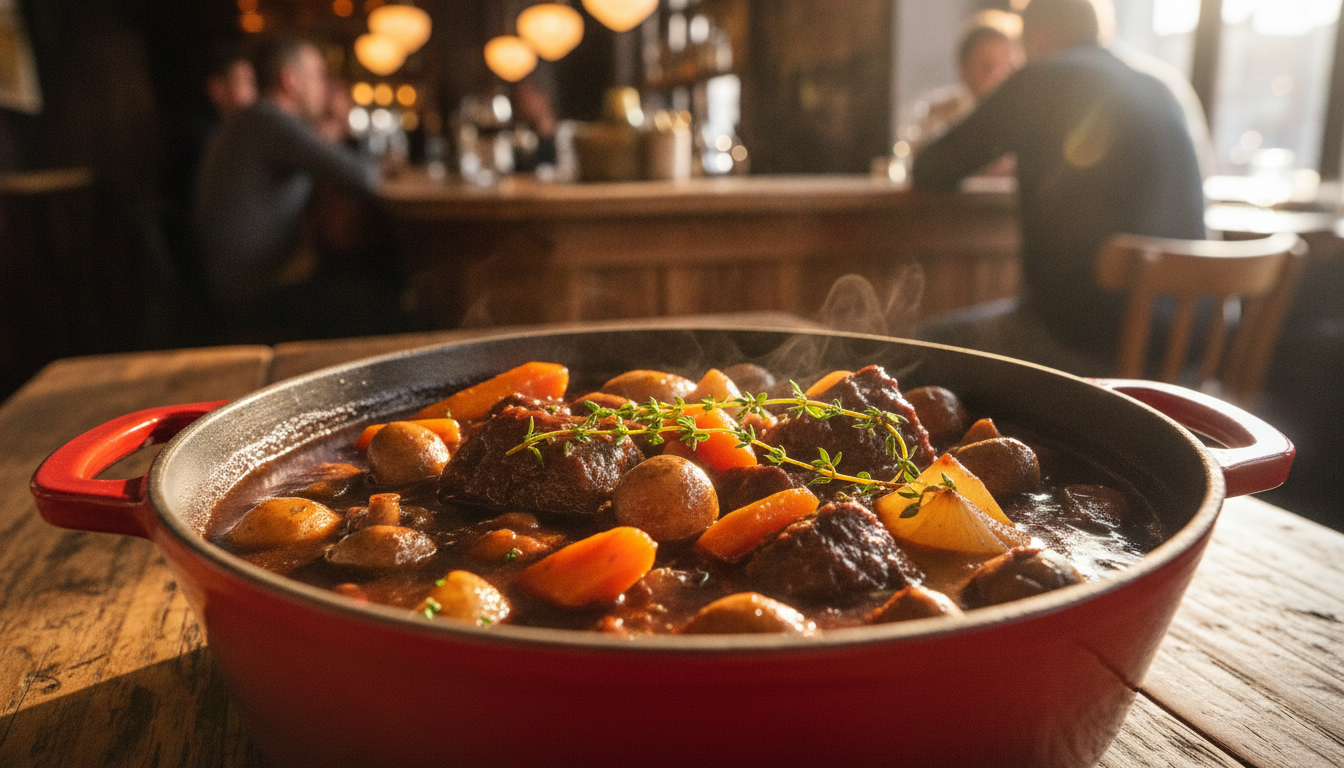 Cocotte de bœuf bourguignon fumante sur une table de bistrot