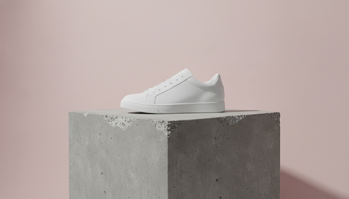 Sneaker auf einem Betonsockel vor pastellfarbenem Hintergrund mit weichem Studiolicht