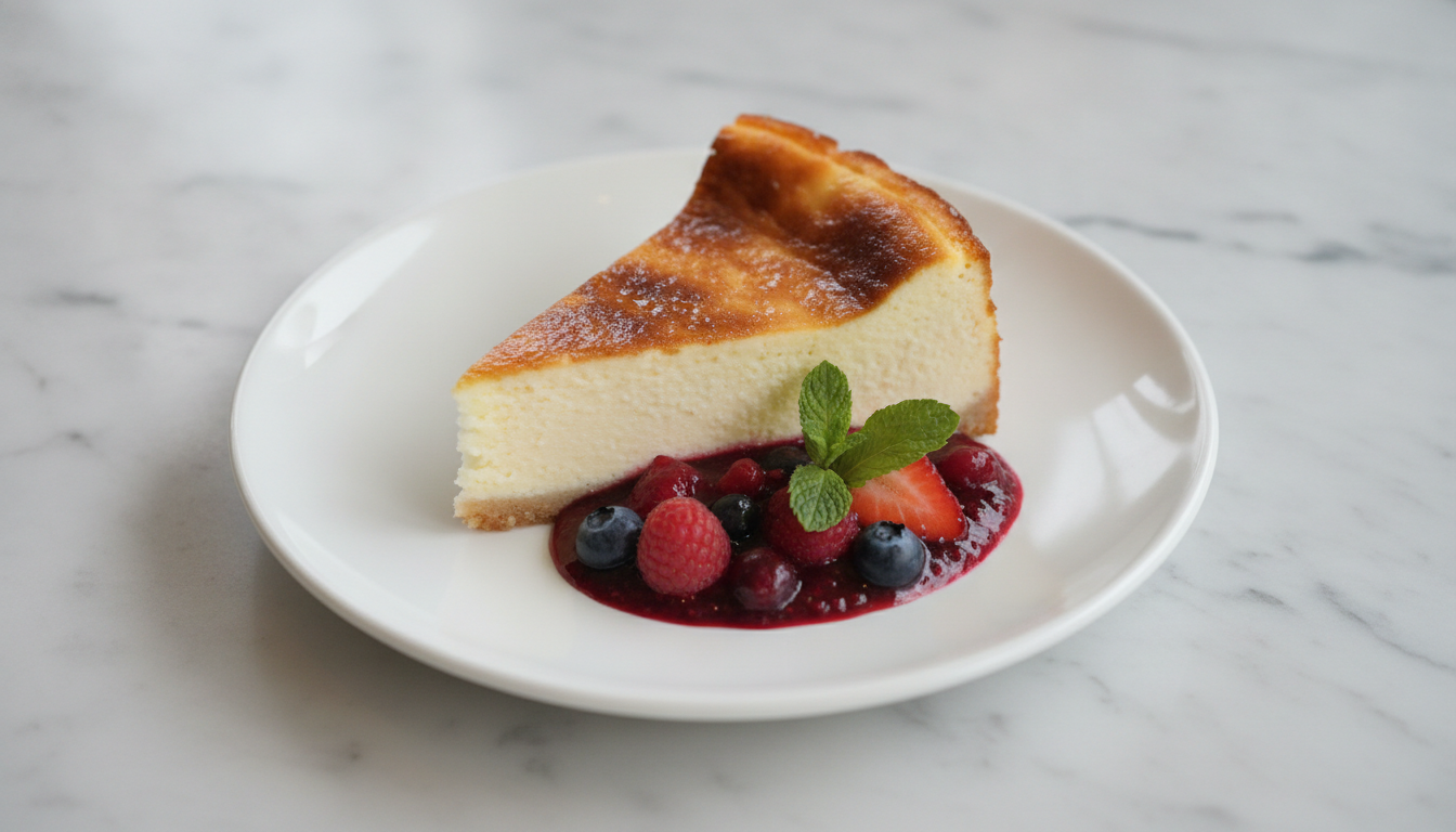 Ein Stück Käsekuchen mit Beerenkompott auf einem weißen Teller auf Marmor