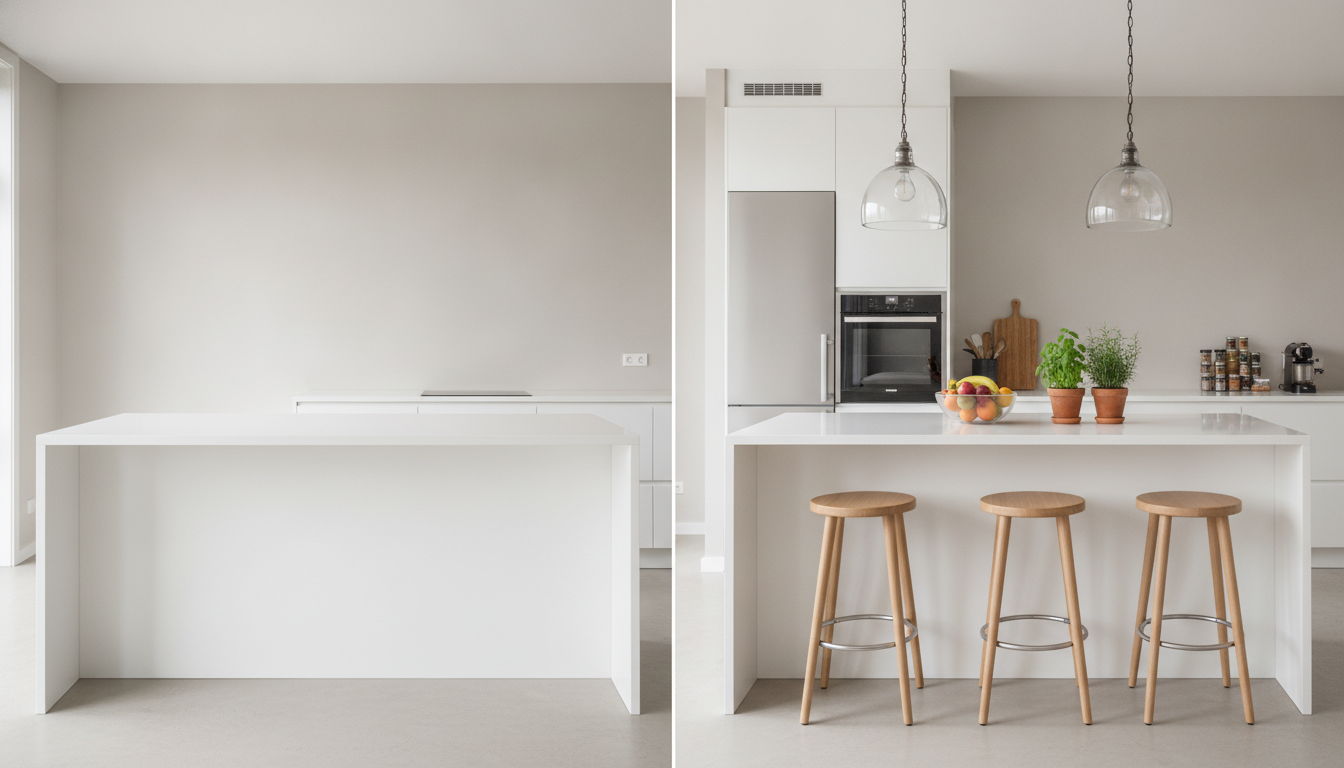 Cuisine ouverte vide avec plan de travail blanc, puis la même cuisine décorée avec tabourets en bois, coupe de fruits et suspensions