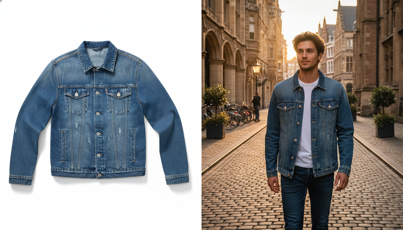 Avant-après d'une veste en jean, d'abord photographiée à plat sur fond blanc, puis portée dans une rue de ville