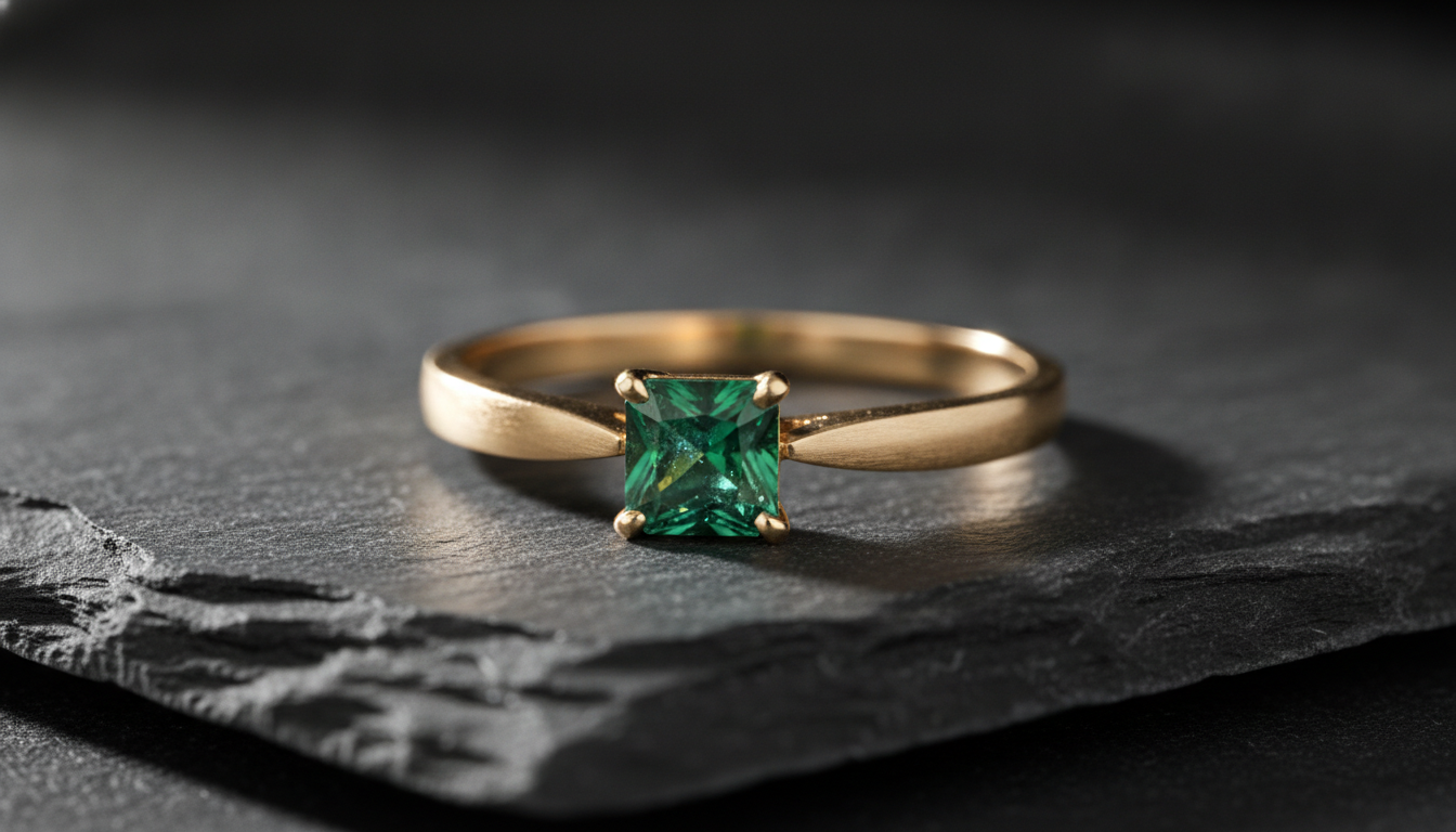Anillo de oro con esmeralda sobre pizarra oscura en primer plano