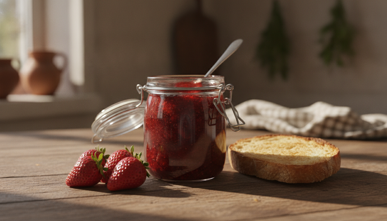 Tarro de mermelada de fresa abierto sobre mesa de madera con fresas y pan tostado