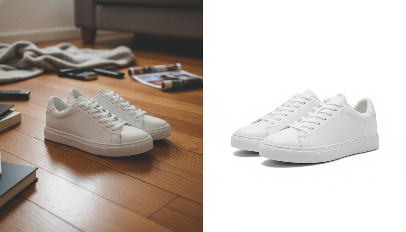 Photo avant/après d'une paire de baskets blanches, d'abord sur un fond de salon encombré puis sur un fond blanc uni