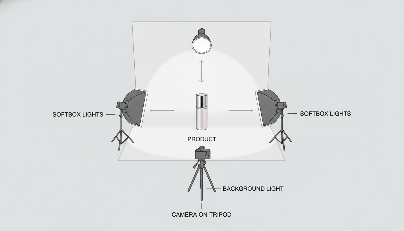 Esquema de iluminación para foto de producto con fondo blanco curvo y dos focos a 45 grados