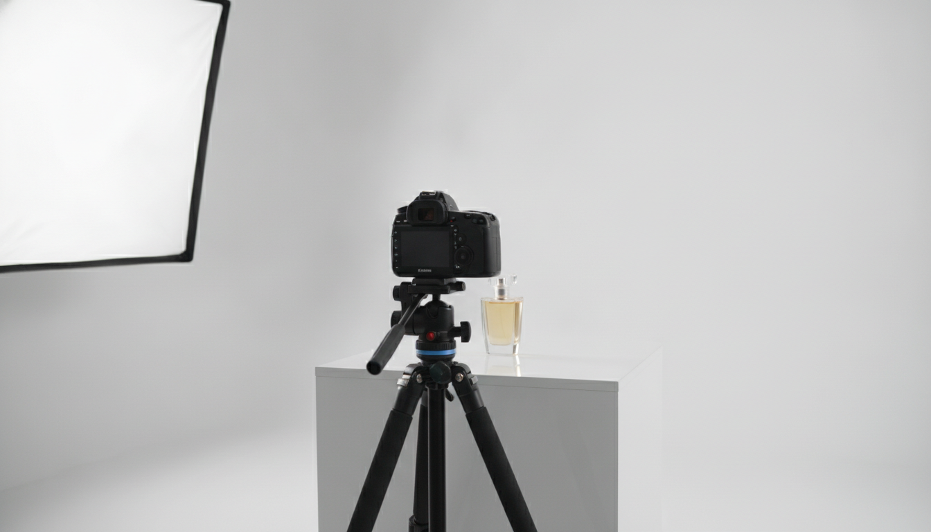 Ein Fotograf richtet im Studio eine Softbox auf eine Parfümflasche vor weißem Hintergrund aus