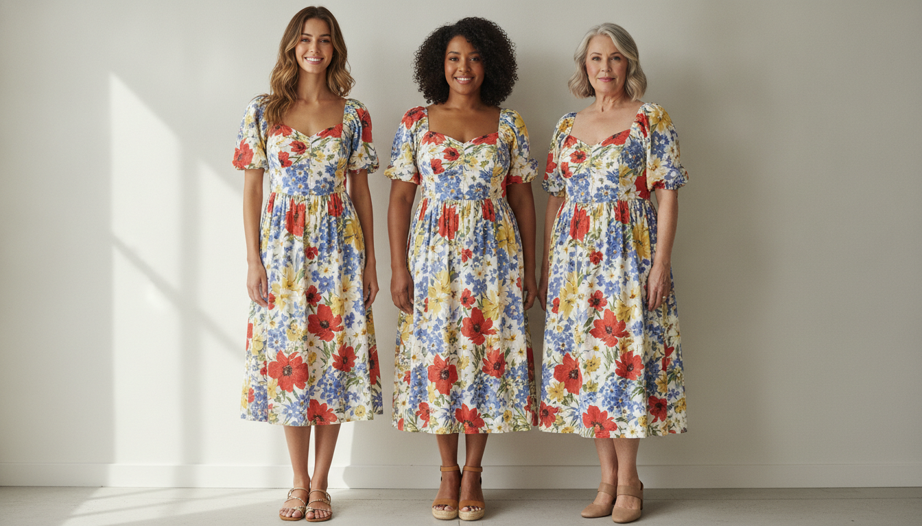Robe d'été fleurie portée par trois femmes de morphologies et d'âges différents devant un mur clair