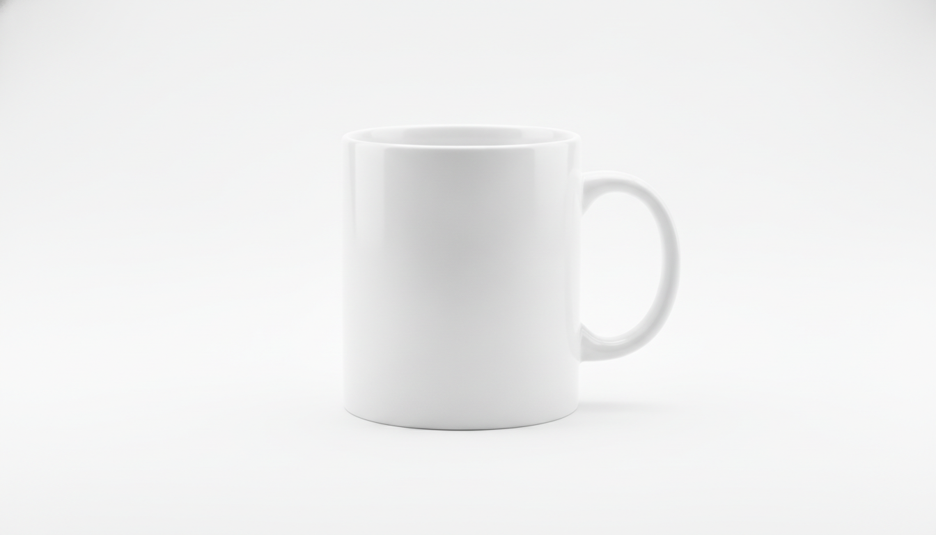 Mug en céramique blanche sur fond blanc avec un éclairage studio doux