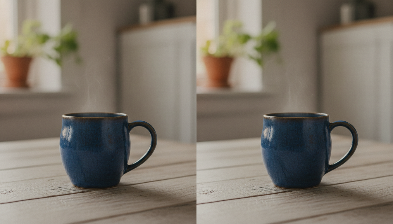 Comparación visual de dos archivos de una misma taza de cerámica, uno pesado y otro ligero, mostrados como dos fotos idénticas una al lado de la otra