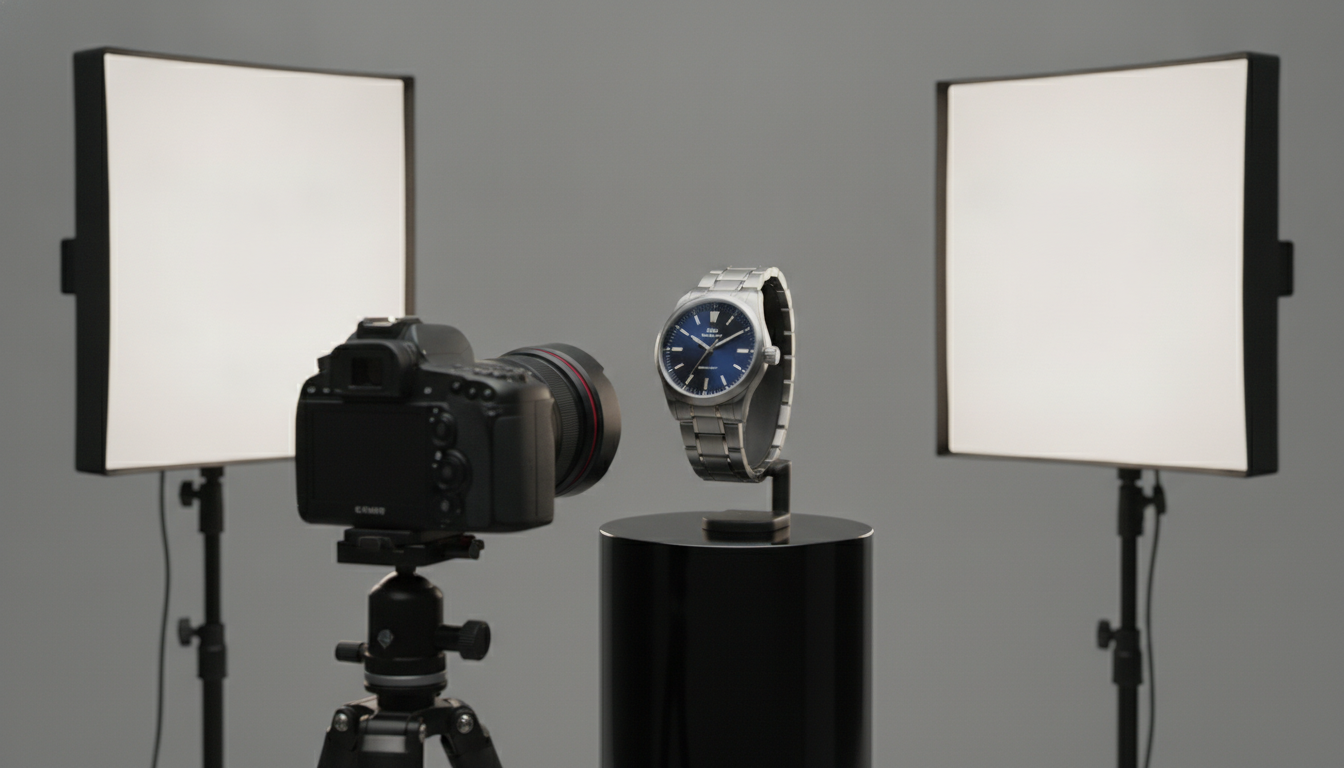Photographe réglant un éclairage de studio autour d'une montre posée sur un socle