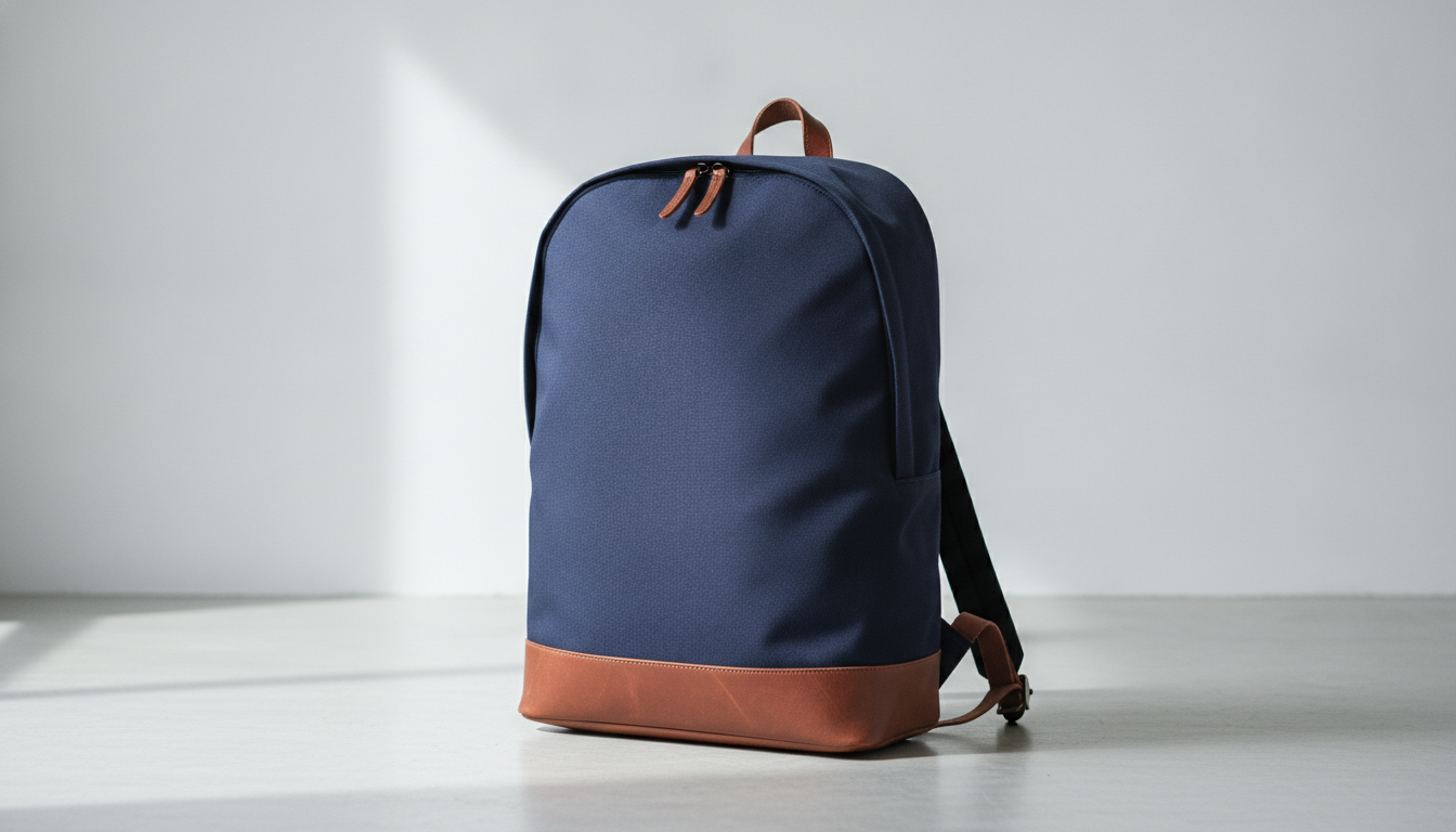 Sac à dos bleu marine posé sur un sol en béton gris clair sous une lumière studio douce