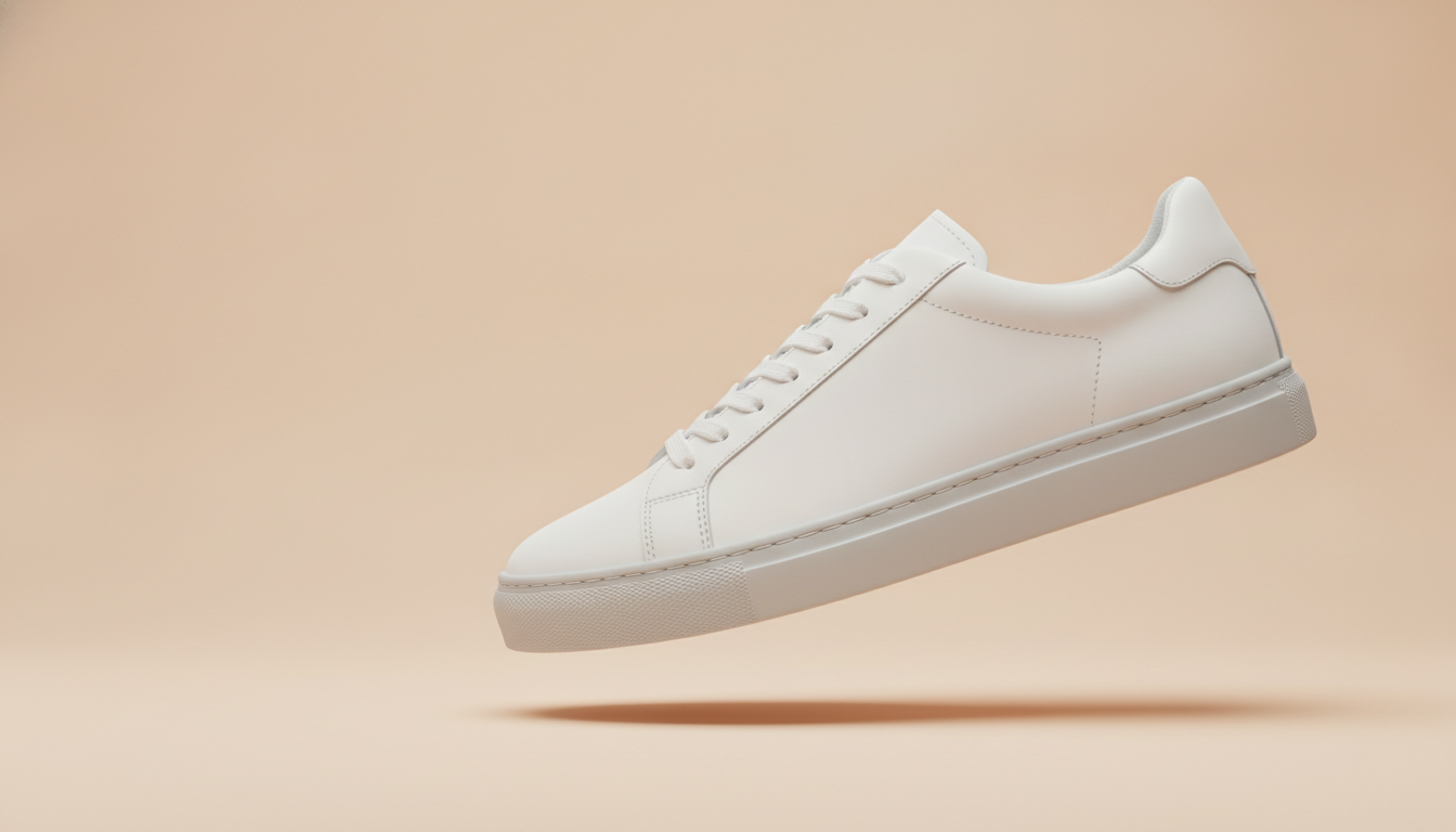 White leather sneaker floating at an angle against a pastel peach background