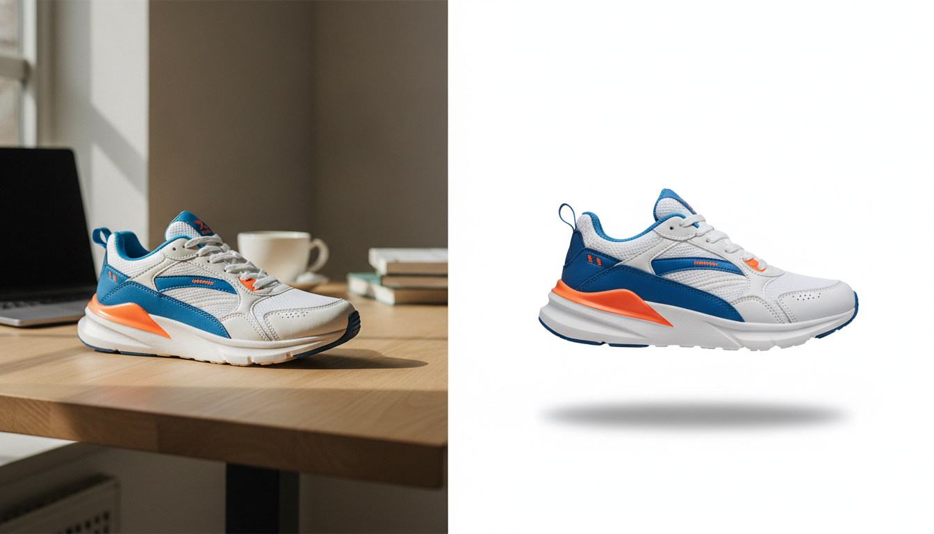 Antes y después de una foto de producto: zapatilla sobre mesa de madera y la misma zapatilla recortada sobre fondo blanco
